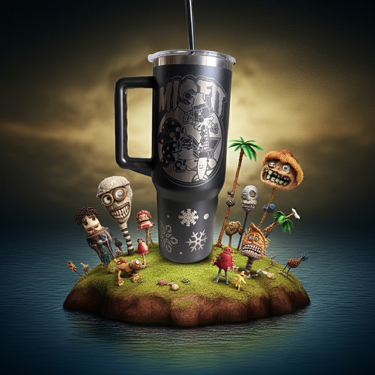 40oz Black Stainless Steel Tumbler – Laser Engraved Misfit Island Design with Band Logo & Quote